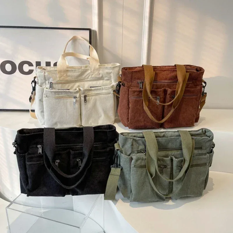 sacs messagers décontractés en velours côtelé, grande capacité, sac à bandoulière portable pour maman, fourre-tout de camping multicouches
