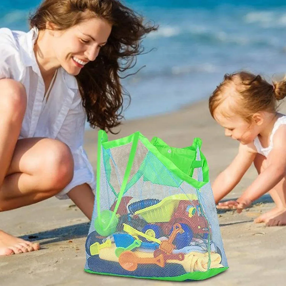 sac de plage en maille multicolore, grand format, anti-sable, sac fourre-tout portable avec trou de suspension pratique, sac de rangement respirant et pliable