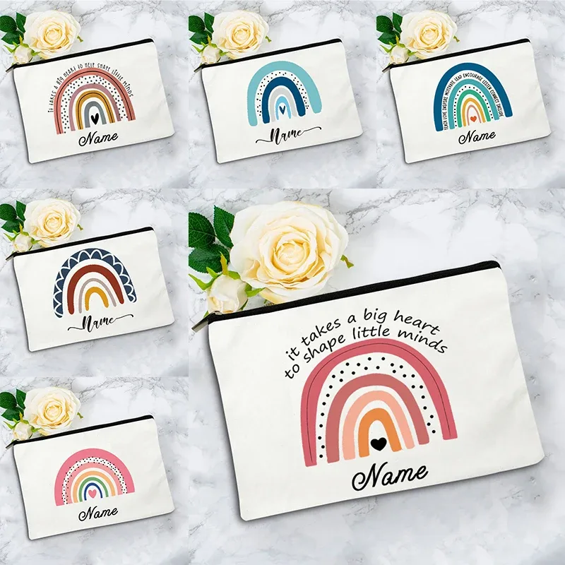 trousse de maquillage bohème arc-en-ciel personnalisée avec nom, trousse de toilette de voyage, cadeau d'anniversaire pour enseignant avec nom personnalisé