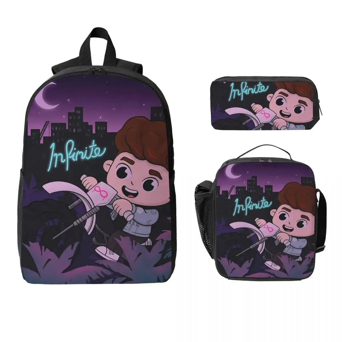 sac dos polyester violet motif nuit urbaine personnage carte bourse déjeuner trousse crayons voyage étudiant unisexe