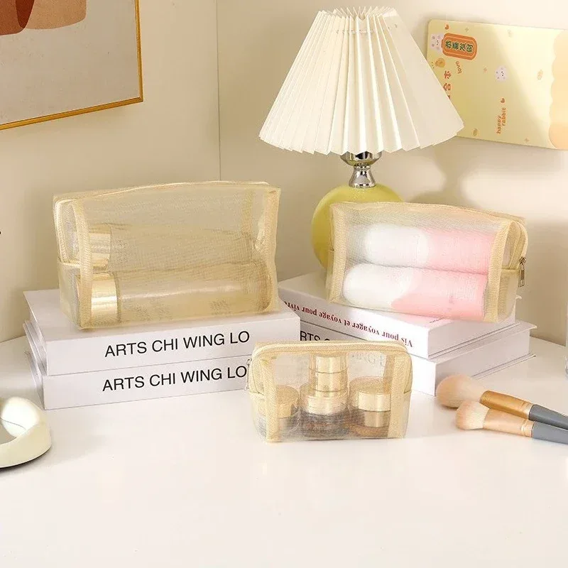 sacs à cosmétiques transparents en maille, 1 pièce, petit grand sac de maquillage noir, étui de rangement de toilette de voyage portable, pochette de rangement de rouge à lèvres
