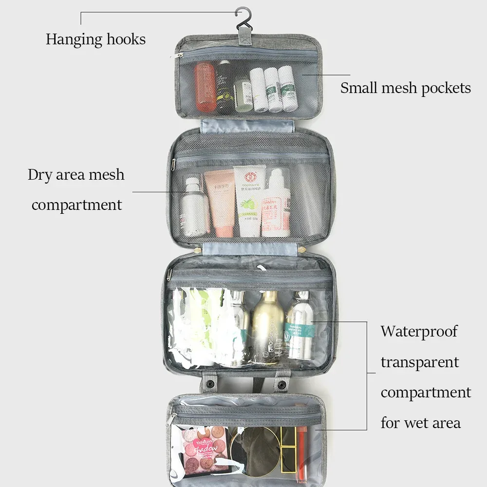 trousse de toilette cosmétique multifonctionnelle, 4 plis, résistante à l'eau, séparation sèche et humide, portable pour voyage, pinceaux cosmétiques, articles de toilette