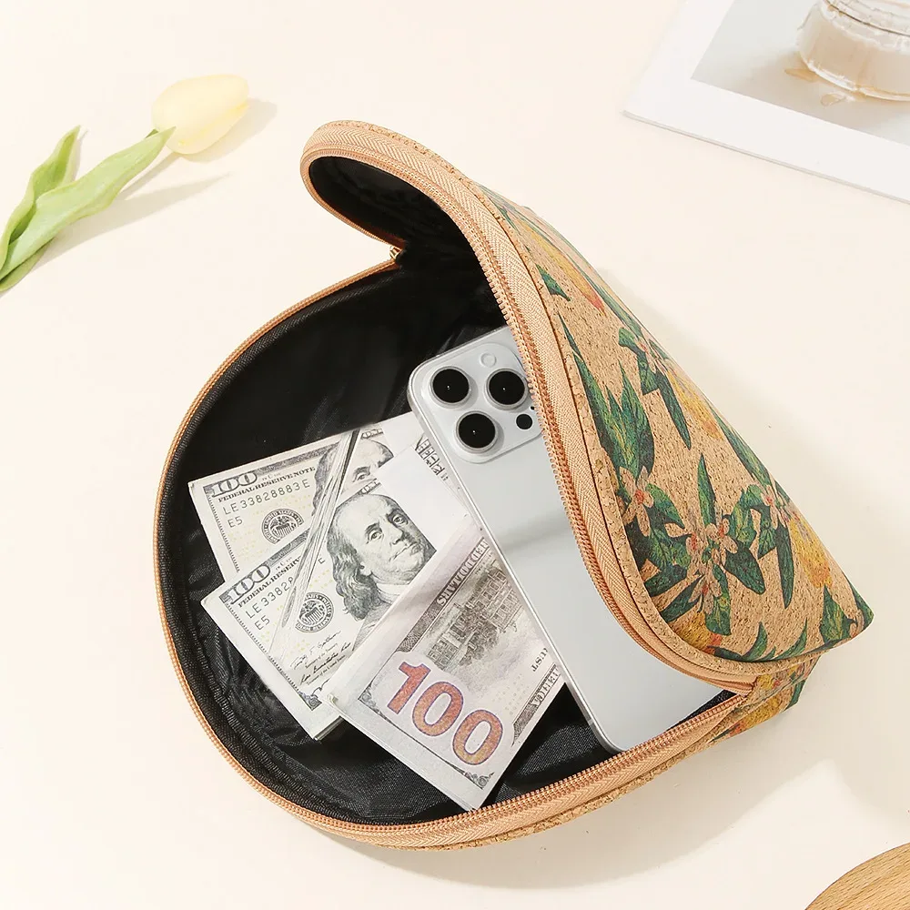 trousse de maquillage légère, sac en liège élégant, pochette en liège semi-circulaire écologique pour un usage quotidien, maquillage de vacances
