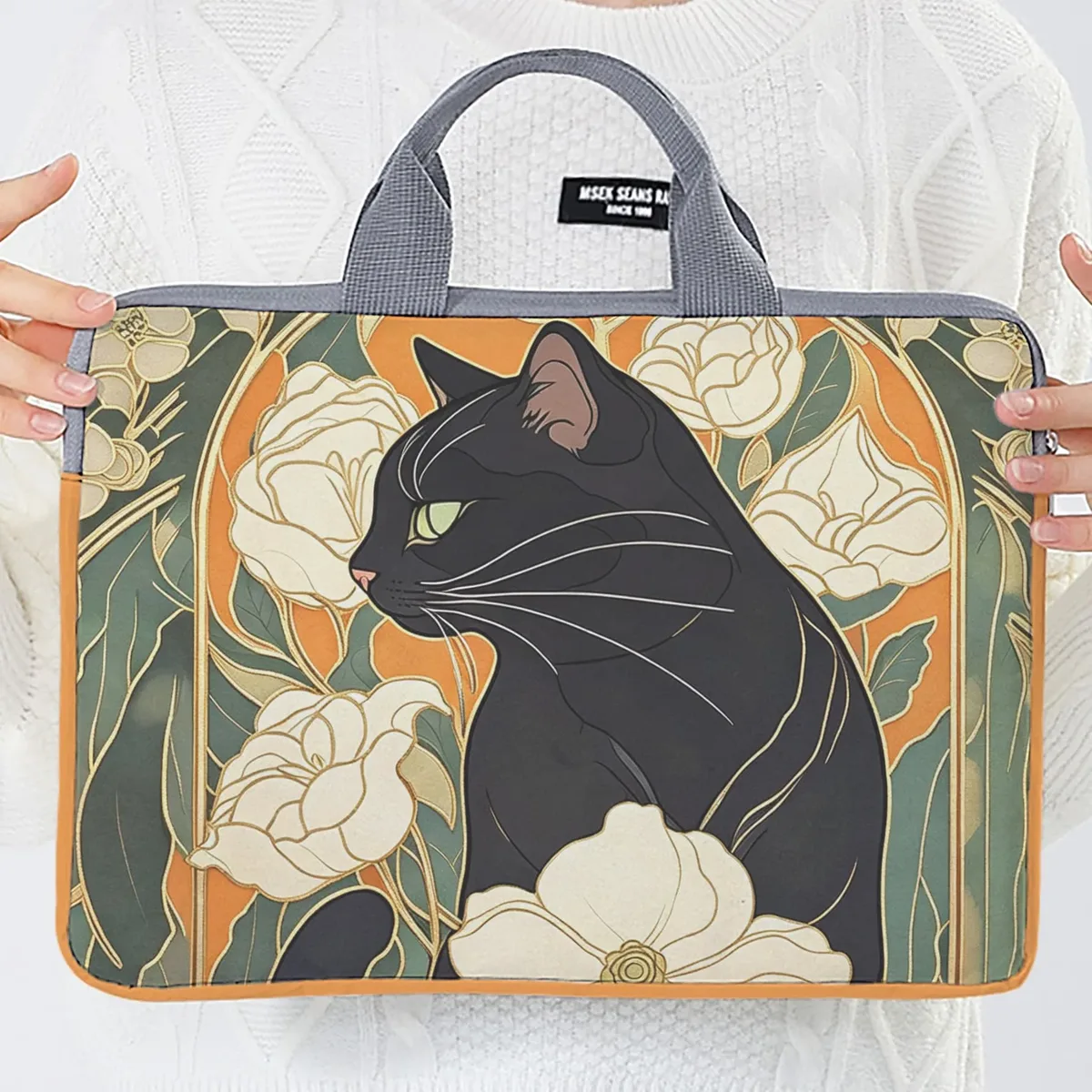 housse ordinateur portable impression chat noir fleurs polyester protection voyage travailler transport document travail
