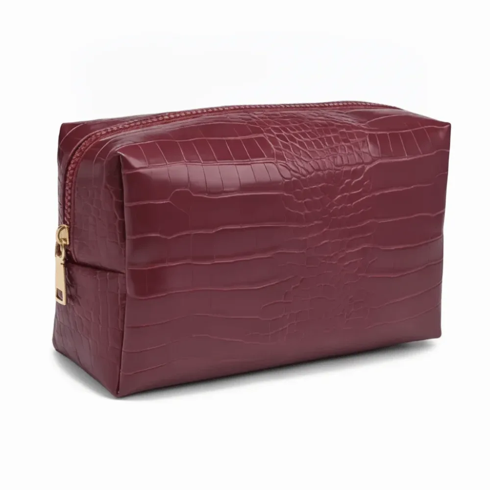 sac à maquillage en cuir pu, motif crocodile gaufré, pochette cosmétique imperméable, fermeture à glissière, grande capacité, pochette de rangement