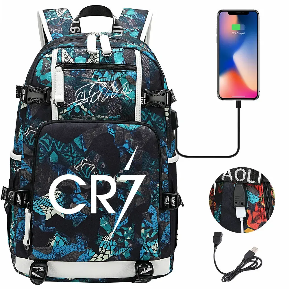 football star cr7 usb grande capacité étudiant mochila femmes hommes ordinateur portable voyage sac à dos garçons filles enfants retour à l'école livre sacs