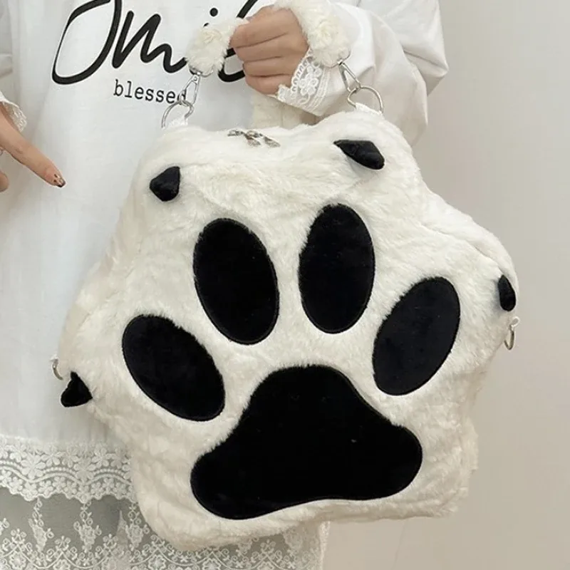 sac à dos en peluche doux et moelleux en forme de patte de chiot ou de chat, style kawaii, avec bretelles réglables, motif animaux de dessin animé, grande capacité