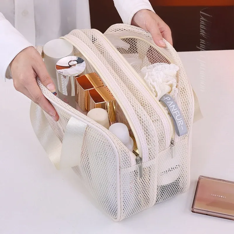 sac de maquillage de voyage en maille double couche, pochette cosmétique à grande capacité, organisateur pliable pour les articles de toilette des femmes en vacances