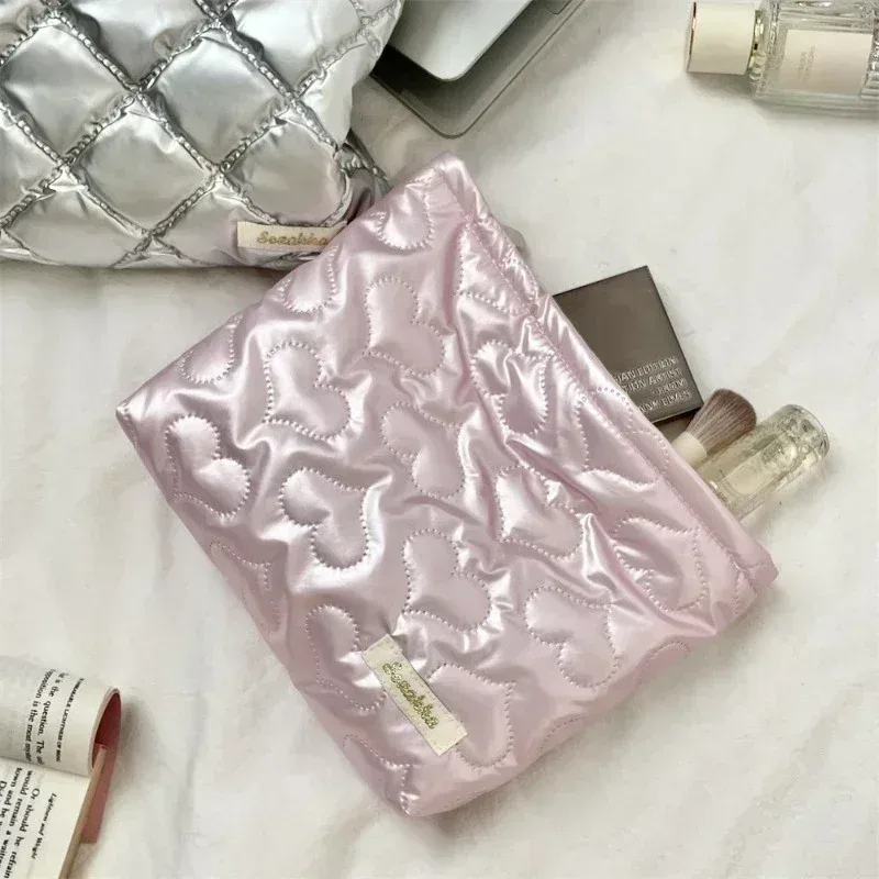 sac à cosmétiques matelassé coréen en pu avec nœud d'amour, pochette pour produits de soins de la peau, poche intérieure, sac de rangement multifonction pour maquillage et rouge à lèvres