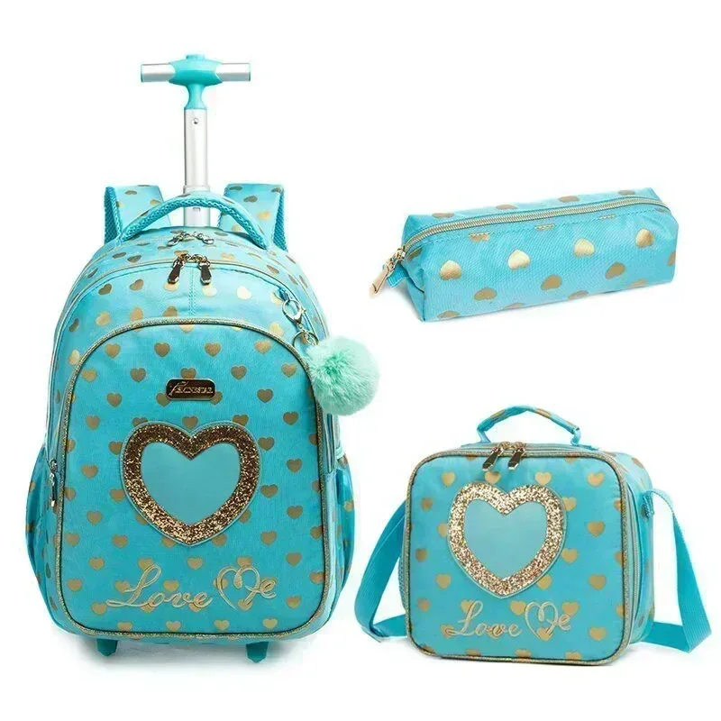 sac dos polyester toile dessin animé bleu pastel coeurs dorés love scolaire transport voyage filles
