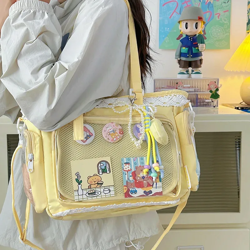 sacs bandoulière style universitaire pour fille, poche transparente, couleur unie, itabag grande capacité, sac à bandoulière en dentelle, pour poupées en coton, tenue quotidienne