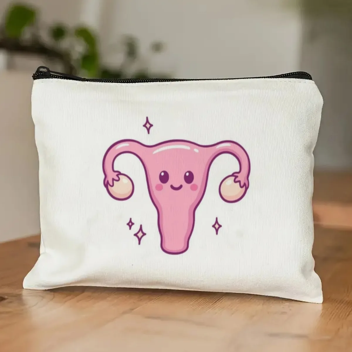 trousse de maquillage pour l'utérus de dessin animé mignon, portefeuille rose blush avec confettis souriants et cœur, cadeau idéal amusant pour les obgyn et les médiums