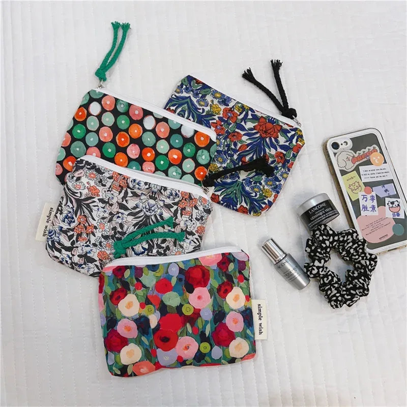 porte-monnaie en coton imprimé floral frais d'été, mini sac de rangement en tissu, petit sac pour écouteurs, pochette de voyage pour cosmétiques, sac de rangement pour maquillage