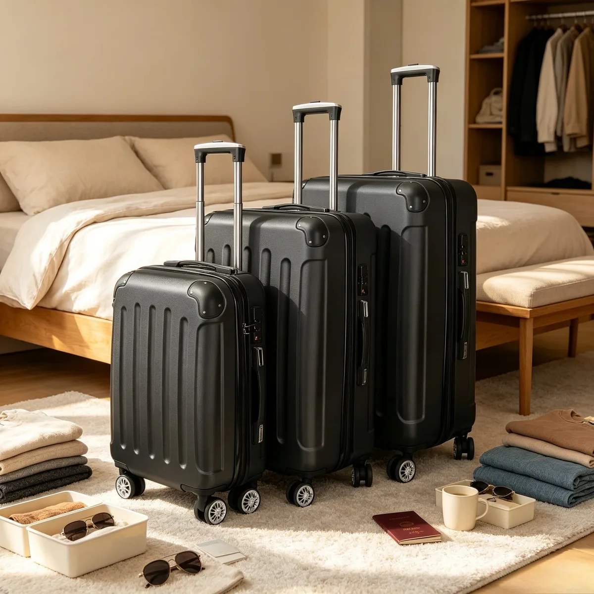ensemble de bagages 3 pièces, valises rigides en abs avec serrure tsa et roulettes 360° °   valises à roulettes, sacs de voyage légers pour bagages à main, taille moyenne et grande, noir/gris