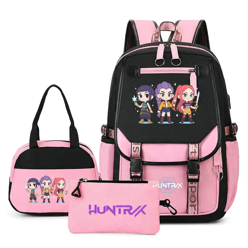 sac à dos kpop demon hunter pour adolescents, cartable de grande capacité, 3 pièces/ensemble avec sac à lunch pour femmes, étudiants, décontracté, confortable, pour voyage, mochilas