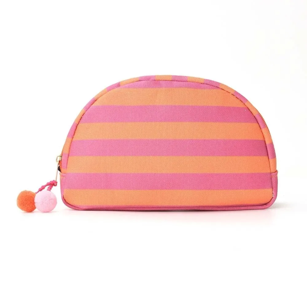 pochette cosmétique rayée durable, légère et portable, forme coquille, couleurs contrastées, pompon, rangement polyvalent