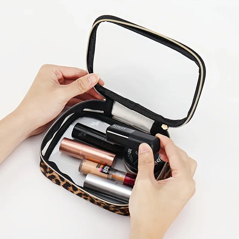 trousse de maquillage transparente à imprimé léopard, trousse cosmétique étanche de grande capacité pour voyage avec fermeture éclair