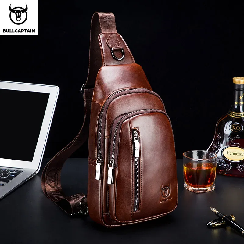 bullcaptain-sac de poitrine en cuir véritable pour homme, sac à bandoulière multifonctionnel, sac de poitrine de musique, mode loisirs