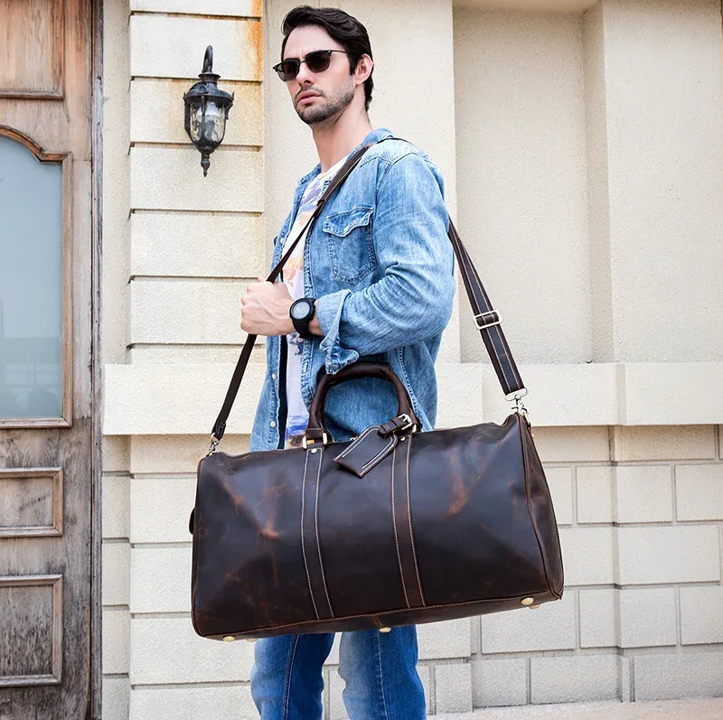 sac de voyage vintage en cuir véritable pour homme, fourre-tout de voyage, grand sac de week-end, sac de sport en peau de vache, bagage à main pour homme, grands sacs à main, 60cm
