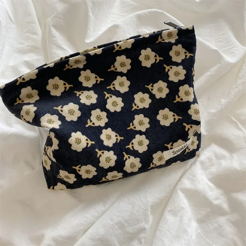 trousse de maquillage en velours côtelé pour femme, trousse cosmétique à imprimé floral rétro, étuis de rangement de beauté, poudres de maquillage de voyage