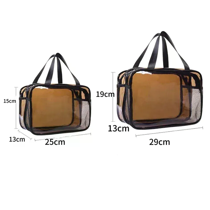 trousse toilette pvc translucide poignées noires multi poches séparation humide sec grande capacité voyage femmes