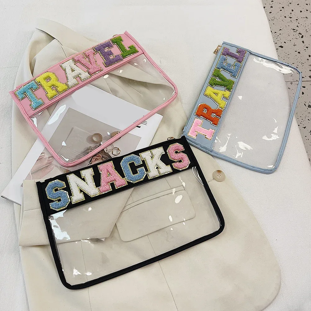 sac à cosmétiques en pvc transparent avec patchs de lettres, pochette de voyage pour femmes, pochettes de maquillage, trousse de toilette