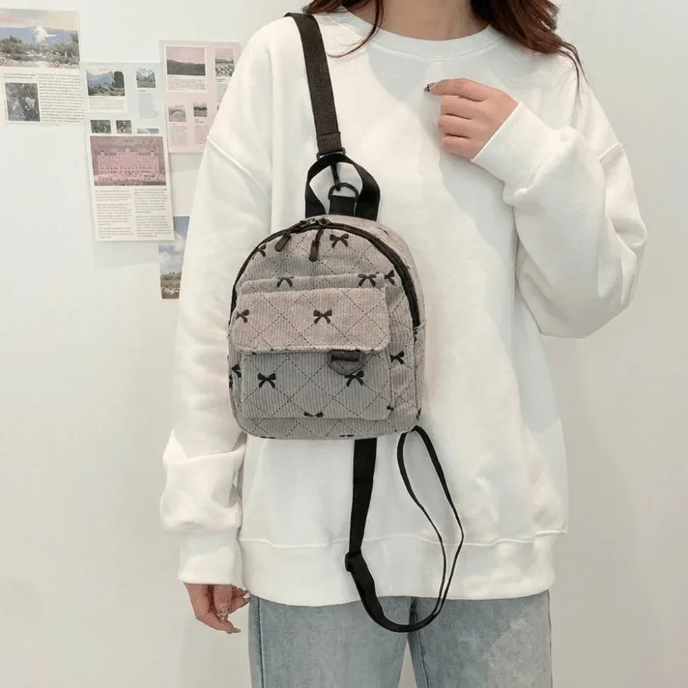 mini sac à dos en velours côtelé avec nœud imprimé, sac à bandoulière léger, style coréen, sac à dos à plusieurs nœuds pour adolescentes