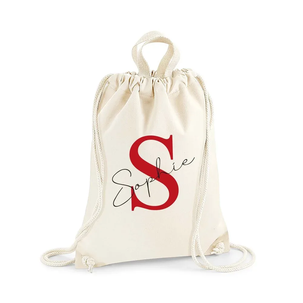 sac à dos à cordon de serrage rayé personnalisable, en toile de coton, avec texte personnalisé, sac pliable et portable pour voyage et école