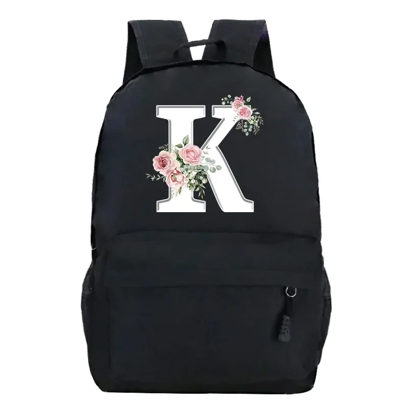 Étudiant dames Rose Floral Alphabet blanc impression sac à dos femmes fleur Harajuku cartables femme Rose lettre sac à bandoulière