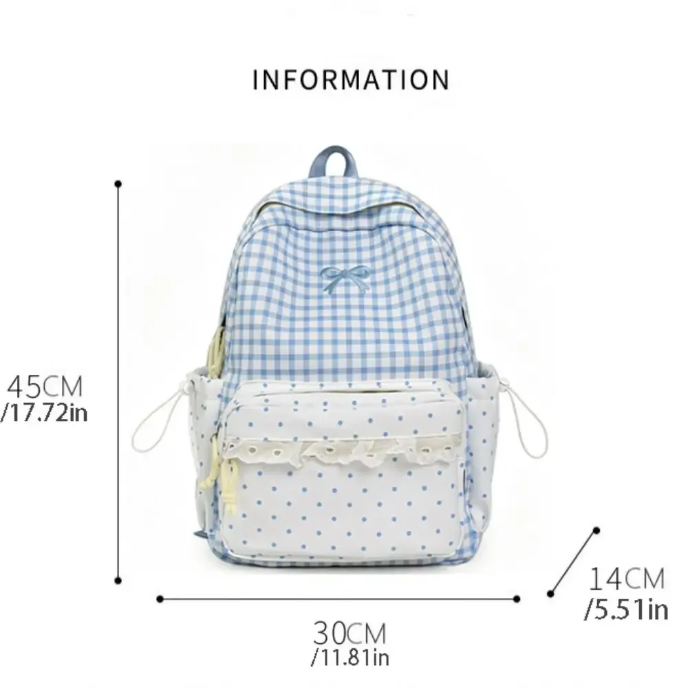 sac à dos y2k à pois, avec nœud et bordure en dentelle à carreaux, design à nœud, grande capacité, idéal pour les voyages.