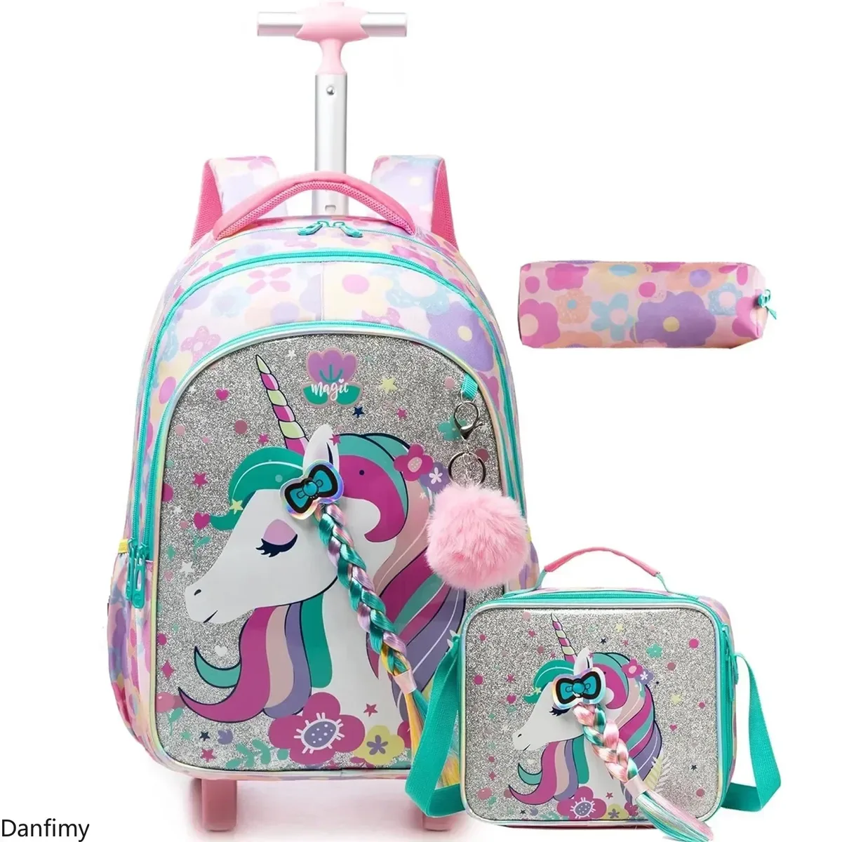 sac dos polyester toile dessin animé rectangulaire roue poignée supérieure compartiment principal double fermeture éclair sac lunch assorti usage écolier élève primaire