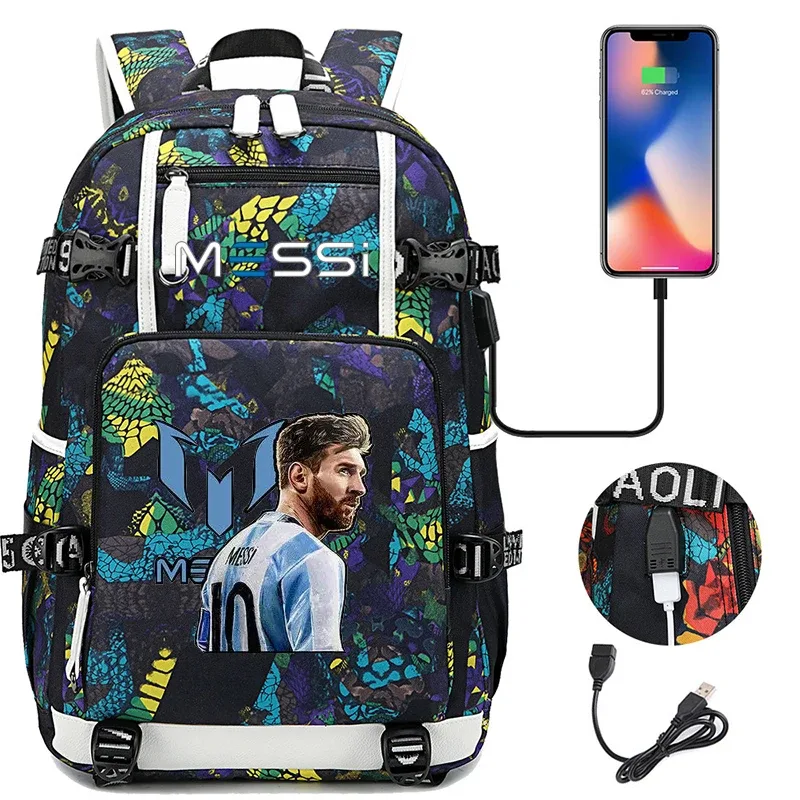 sac à dos de sport de football messi en tissu oxford avec fermeture à loquet, grande capacité, pour ordinateur portable, loisirs, voyage, école et étudiants