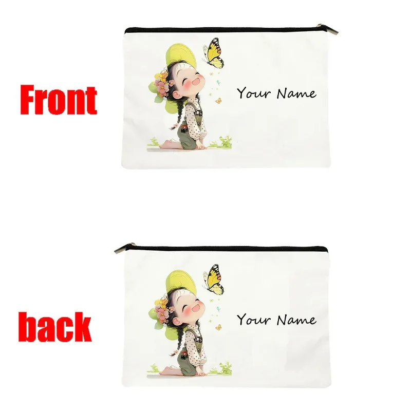 trousse de maquillage personnalisée en toile avec nom, pochette cosmétique imprimée fille cartoon, organisateur de voyage personnalisé à fermeture éclair pour femme, idéal cadeau