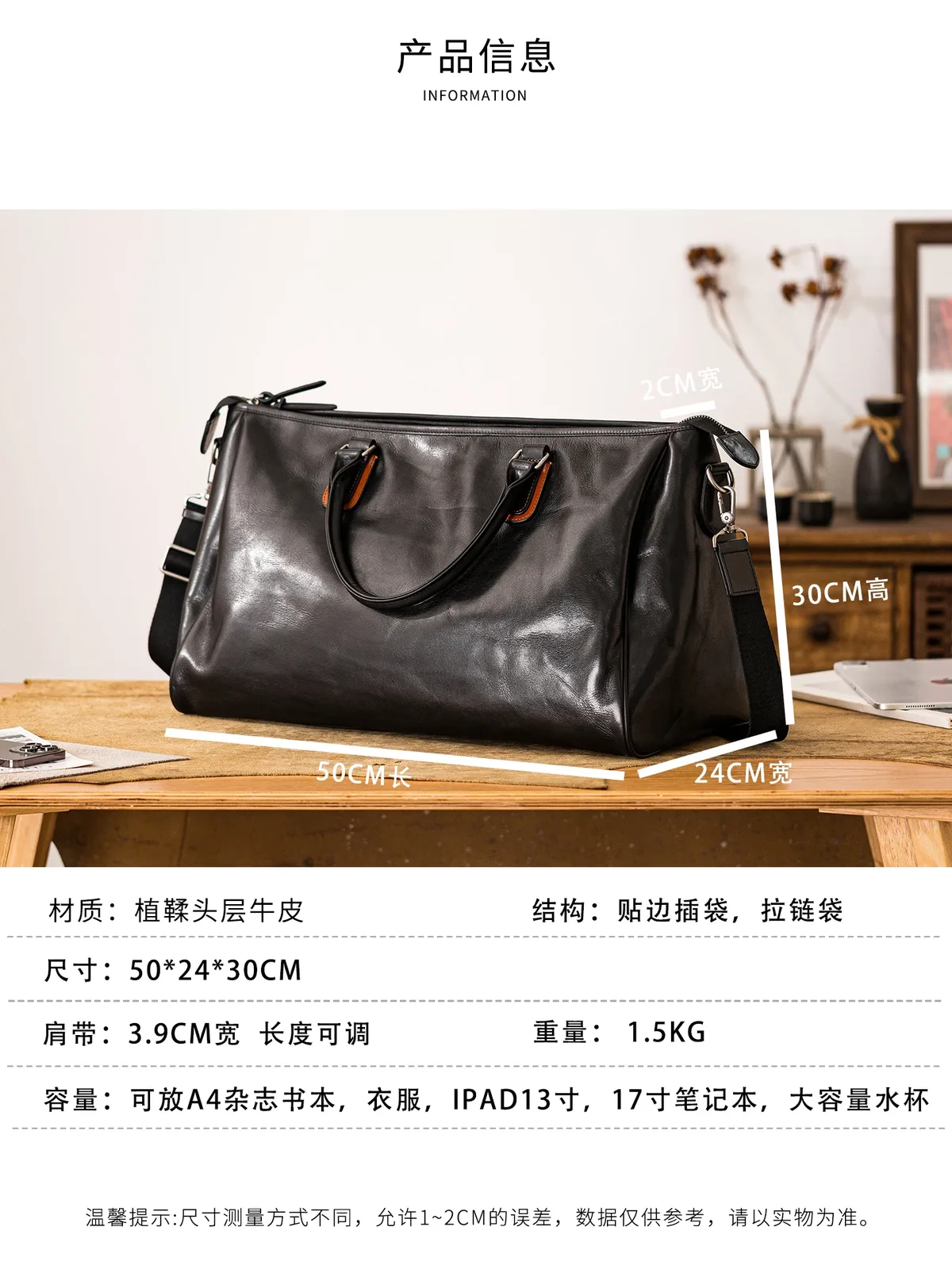 organisateur simple concepteur fait à la main en cuir véritable sac de voyage pour hommes en plein air sport décontracté luxe véritable cuir de vache noir sac à main