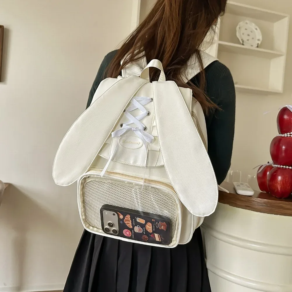 sac à dos transparent pour femmes et adolescentes, style ita bag avec oreilles de lapin et nœud, mignon