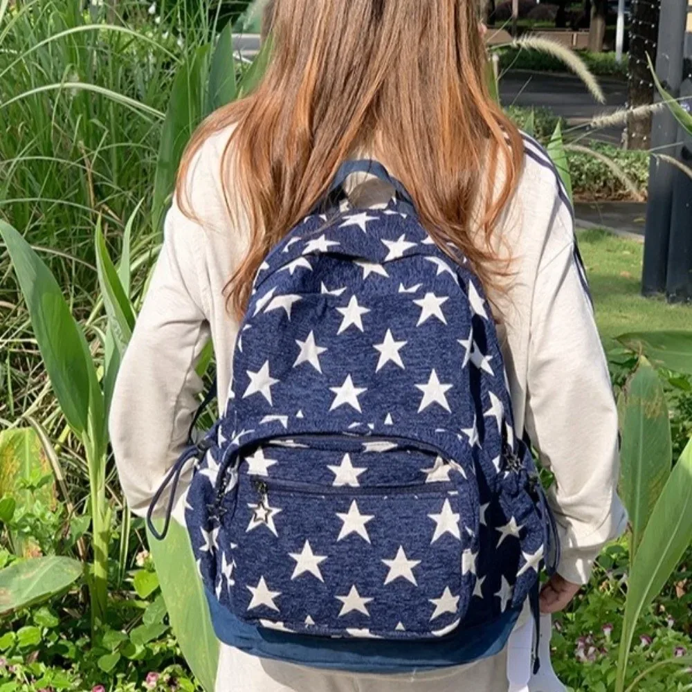 sac à dos à rayures grises de style coréen, multi-poches, bretelles réglables, impression d'étoiles, léger pour les déplacements