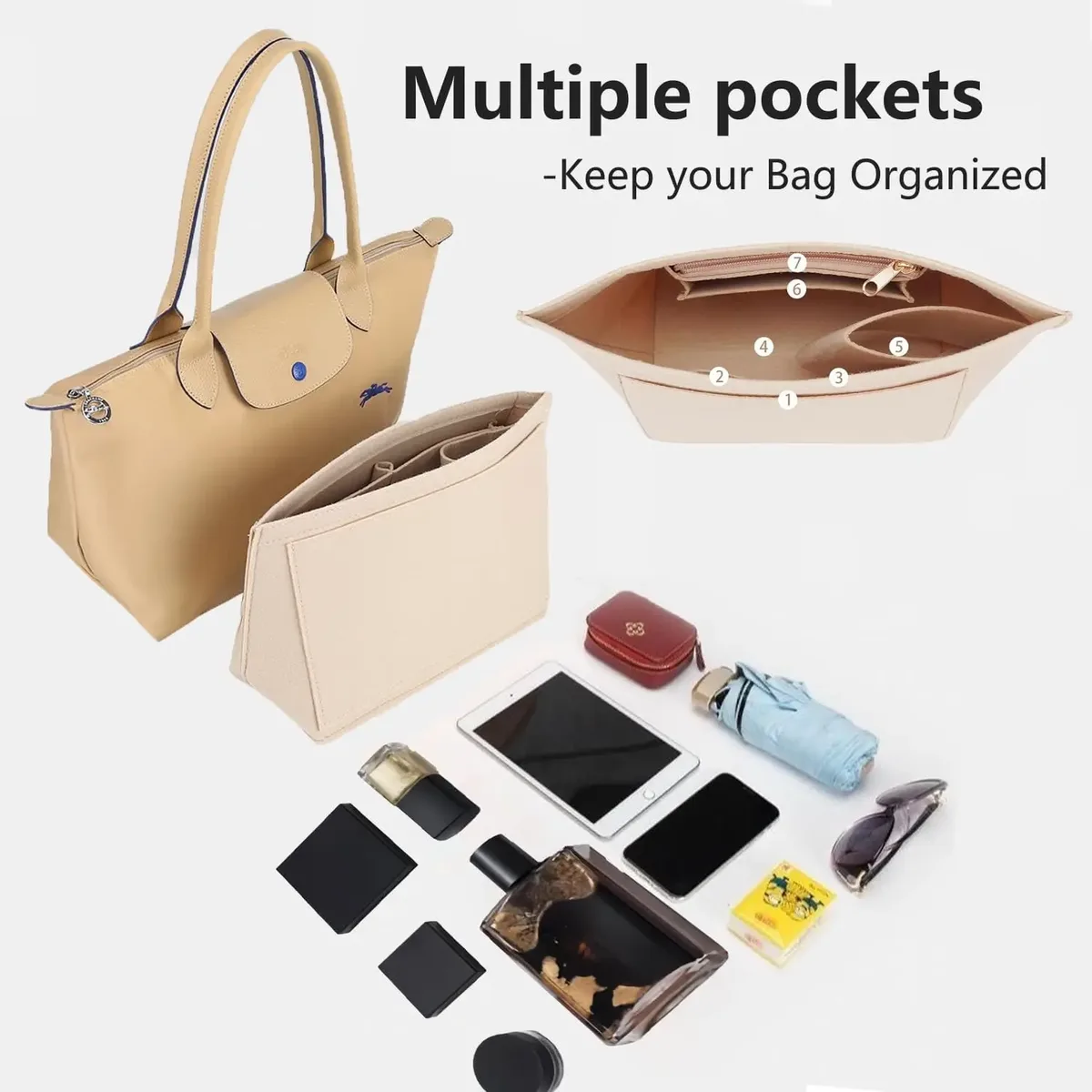 organisateur de sac en feutre en forme de lune avec 7 séparateurs, doublure intérieure pliable pour l'organisation des sacs à main, plusieurs poches de rangement