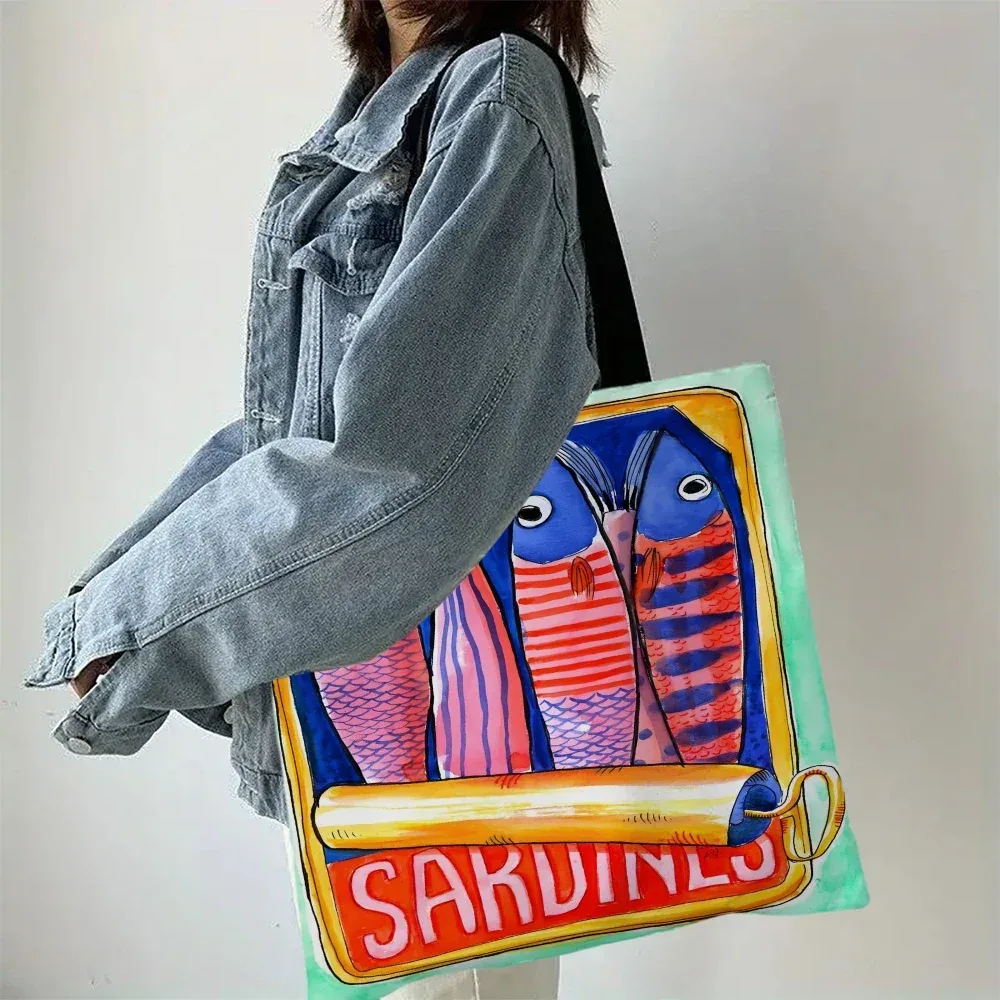 sac à main décontracté imprimé de sardines colorées à la mode, sac à dos réutilisable à la mode, sac fourre-tout multifonctionnel, sac de courses en polyester
