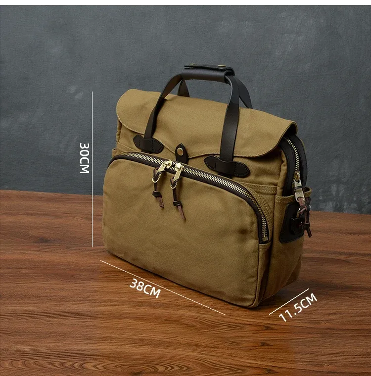 mallette d'affaires vintage en cuir véritable pour hommes, sac à main de voyage en plein air, sac de messager pour ordinateur, sac de travail, toile de haute qualité, 15 po