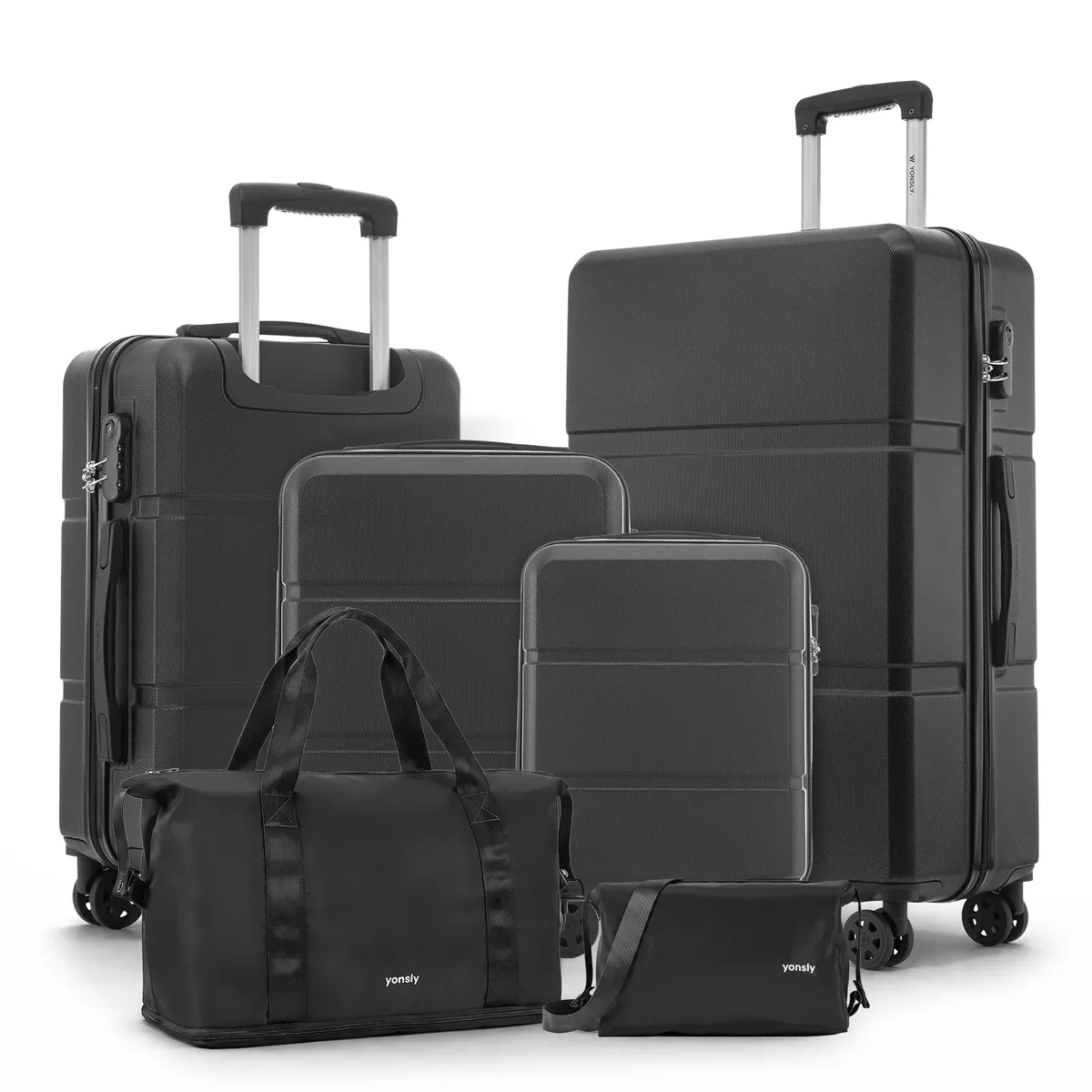 ensemble de valises yonsly 5 pièces 20/24/28 pouces, sac de voyage et trousse de toilette avec 4 roulettes 360° ° sac en maille avec serrure à combinaison, doubles fermetures éclair renforcées et poignée en caoutchouc souple pour les voyages longue distance en vacances.