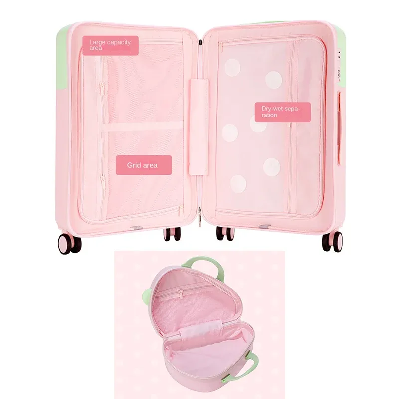 valise fraise 2026 nouveau ensemble de bagages à roulettes en pc, valises de voyage robustes et durables pour étudiants, bagages 20/24/26 pouces pour femmes