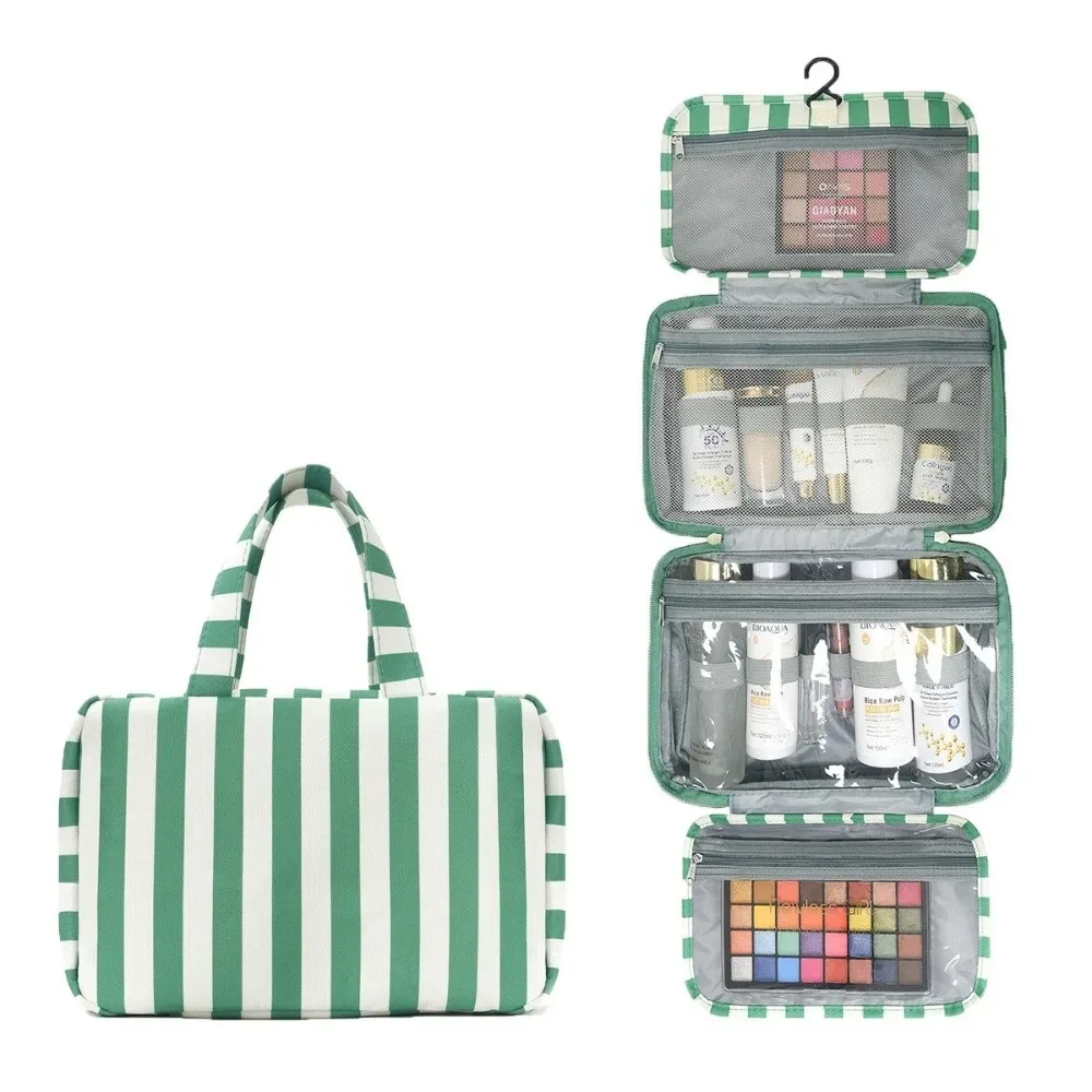 trousse de toilette de voyage suspendue portable rayée, organisateur cosmétique pliable 4 volets avec crochet, grande capacité, sac de maquillage pour extérieur