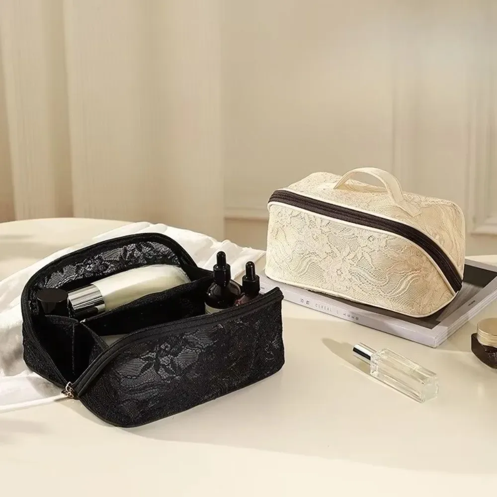 trousse de maquillage élégante en dentelle couleur unie grande capacité avec poignée sac de rangement cosmétique respirant trousse de toilette florale plage