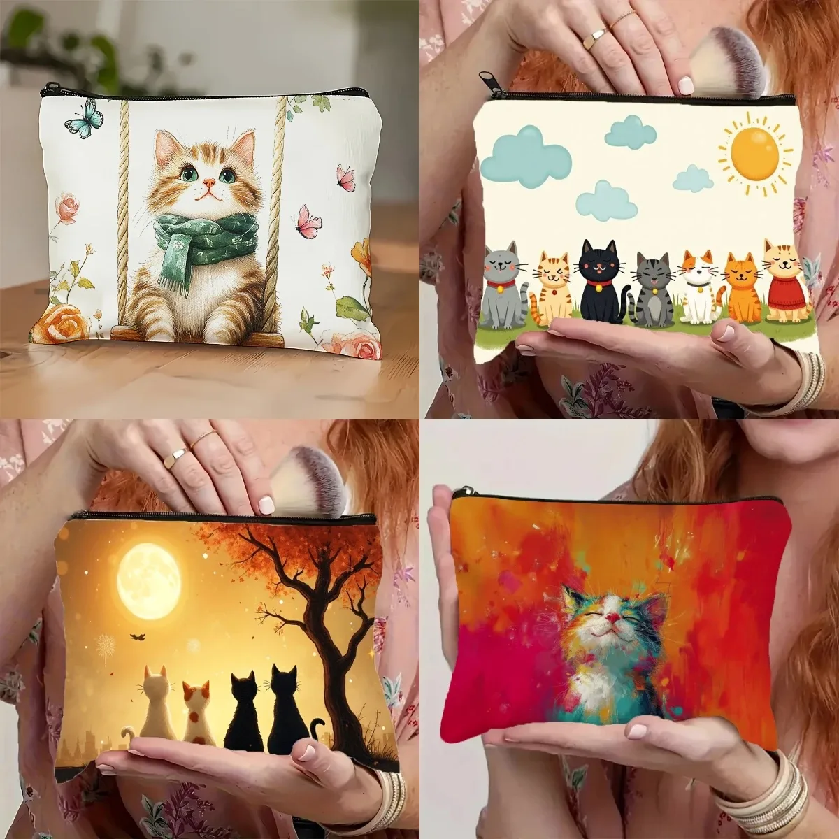 Un sac de maquillage avec moustaches de chat heureux, sac à cosmétiques, organisateur de maquillage léger et pliable avec fermeture éclair pour sac de rangement de voyage