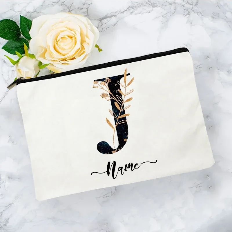 pochette organisatrice en toile noire et or de luxe avec initiales, sac de voyage pour cosmétiques, cadeau de toilette d'anniversaire avec nom personnalisé