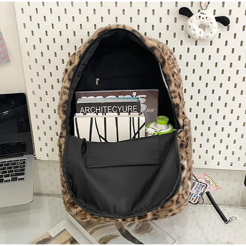 sac à dos moelleux imprimé léopard pour femmes, sac de voyage mignon et doux, sac à bandoulière décontracté à plusieurs poches, sac d'école de grande capacité
