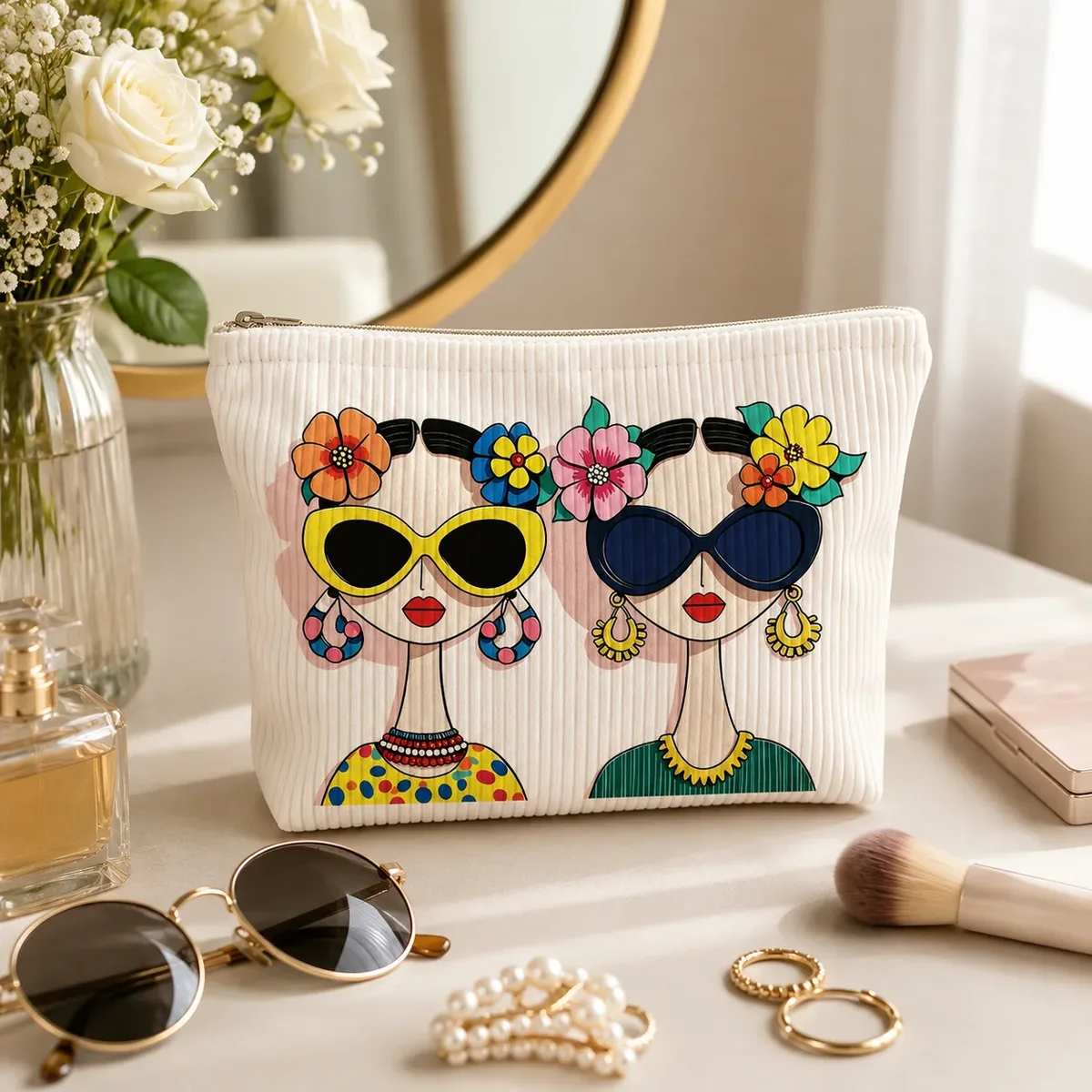 sac cosmétique en velours côtelé imprimé pour femmes, grande trousse à maquillage à fermeture éclair pour les voyages, les articles de toilette, le rangement de produits de beauté et l'usage quotidien