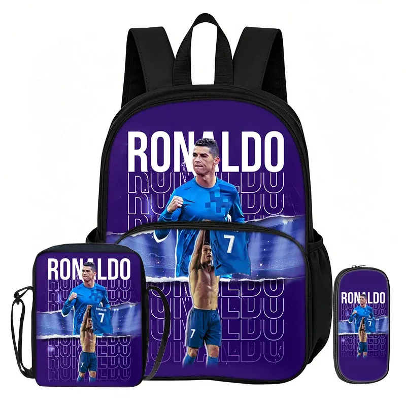 ensemble de 3 sacs à dos avec poche avant ronaldo learn, sacs à bandoulière pour voyage et fans de football, trousse à crayons, sacs d'école et de sport