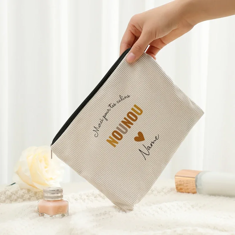 sac de maquillage personnalisé avec nom, lettres fleuries, motifs nounou, pochettes de toilette de voyage, nounou mère femmes, cadeau de remerciement de noël