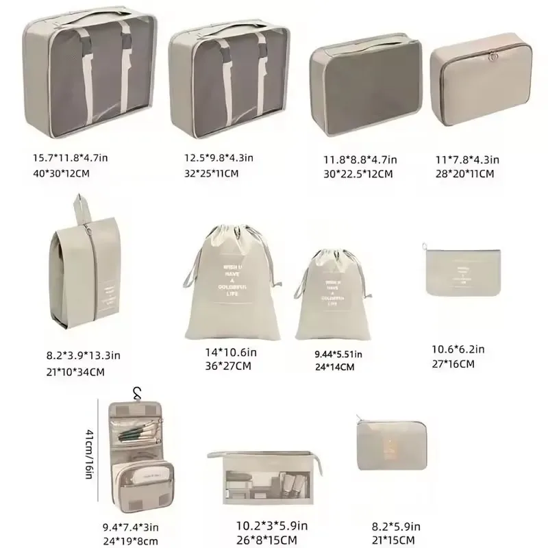organisateur voyage polyester beige clair sac rangement vêtements chaussures sous-vêtements pochettes transparentes cubes modularité transport